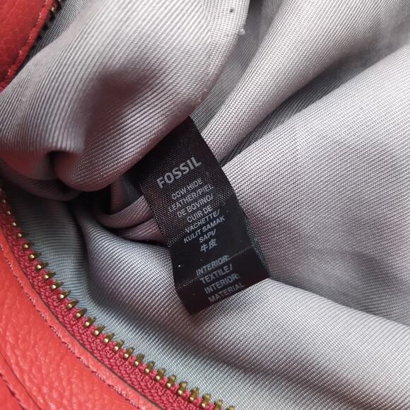 Fossil Red Leather Double Handles Zipper Closure Tote Shoulder Bag - Picture 13 of 16